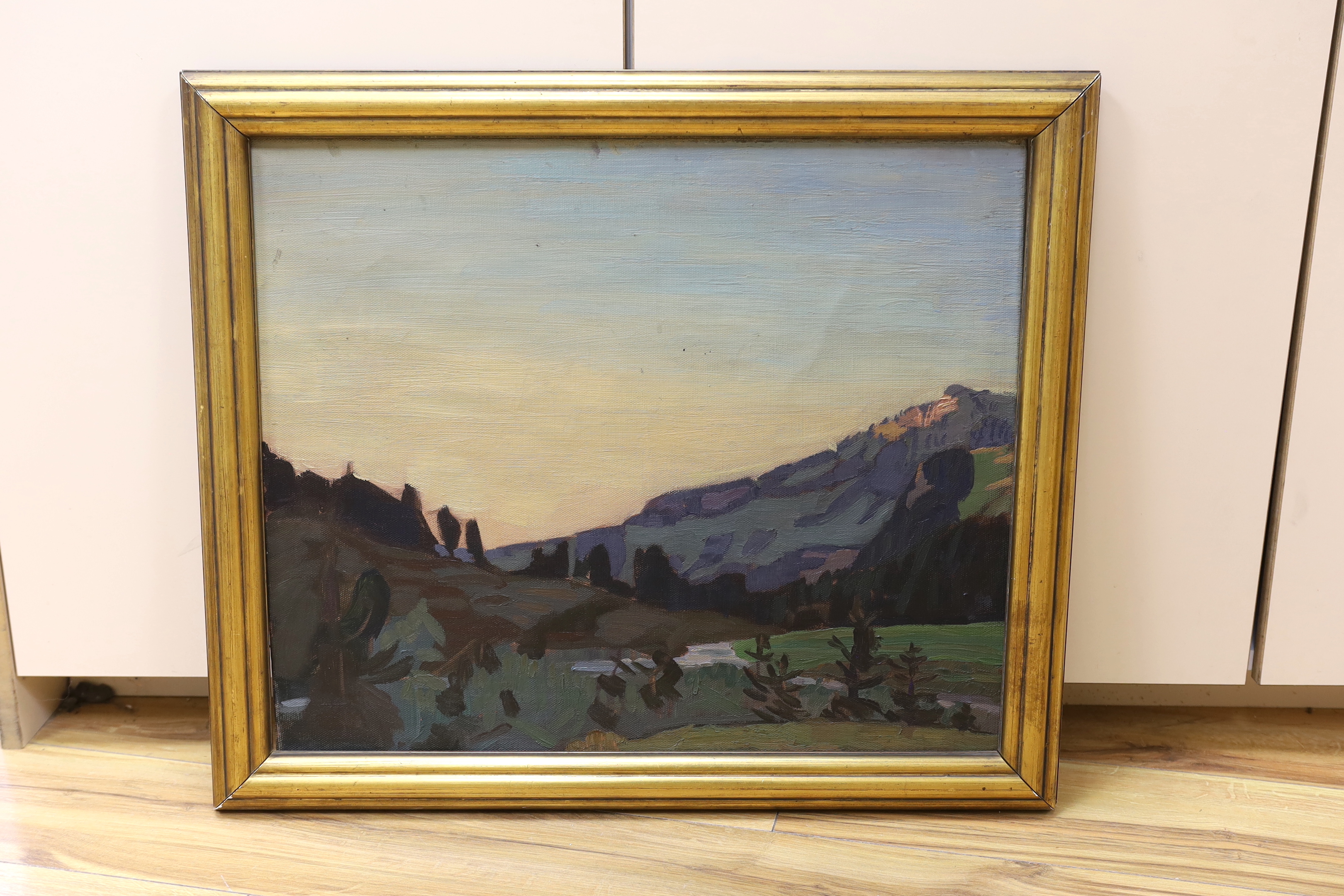 Karl Reber (1870-1931), oil on canvas, Mountainous landscape, 'Razliapl', unsigned, details verso, 46 x 55cm